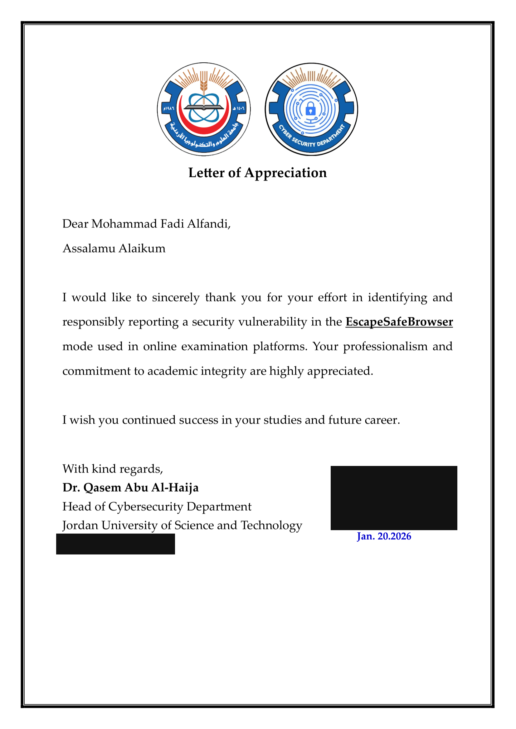 Redacted letter of appreciation from the JUST Cybersecurity Department
